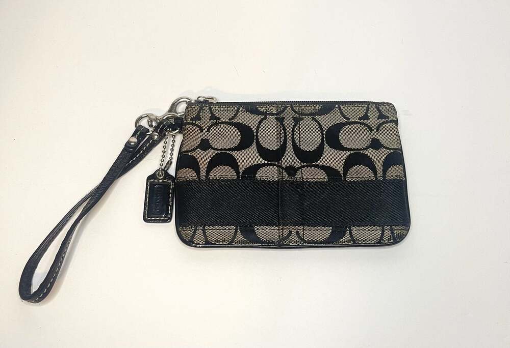 Coach Signature C Black and Tan Canvas Wristlet